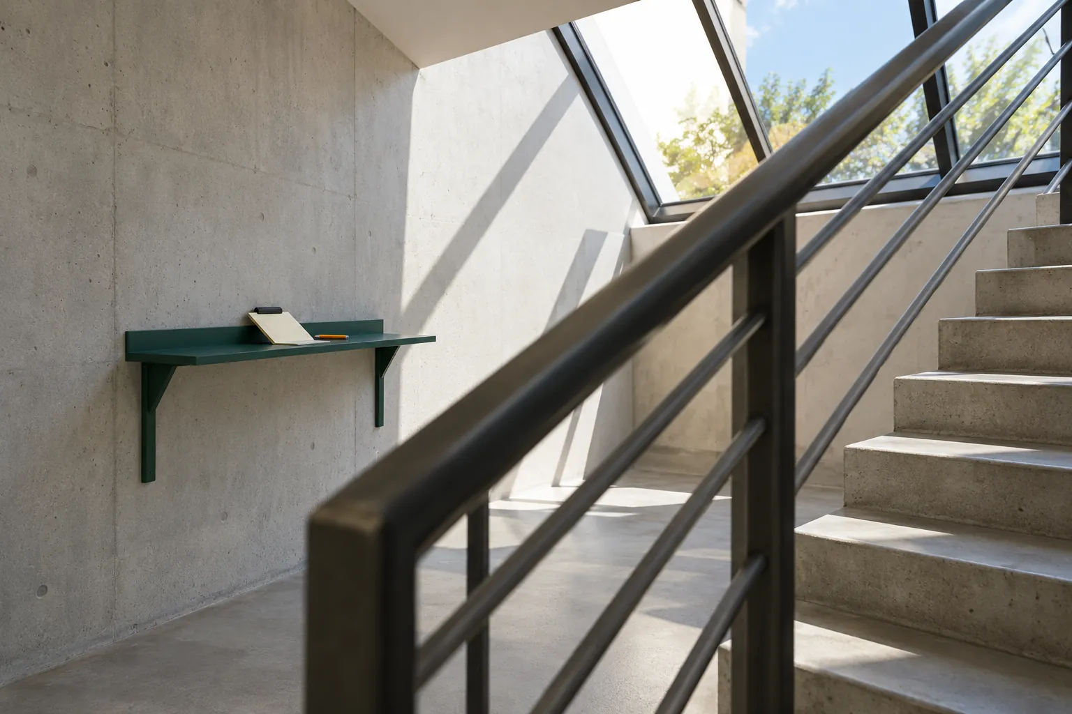 Illustration: A writing pad on an emerald shelf beside concrete stairs.