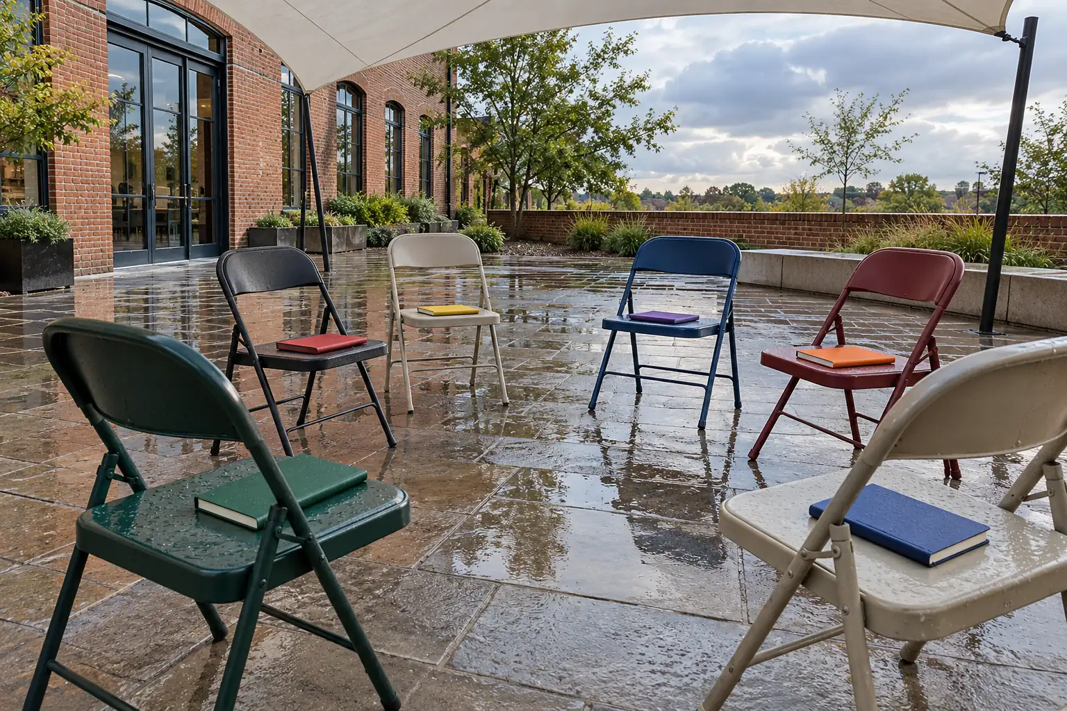 Illustration: Notebooks on chairs beneath a courtyard canopy.