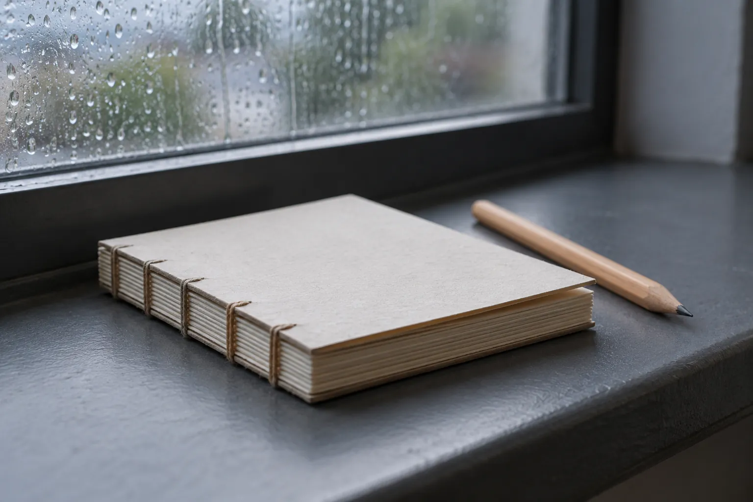 Illustration: A hand-bound blank journal and pencil beside a rain-speckled window.