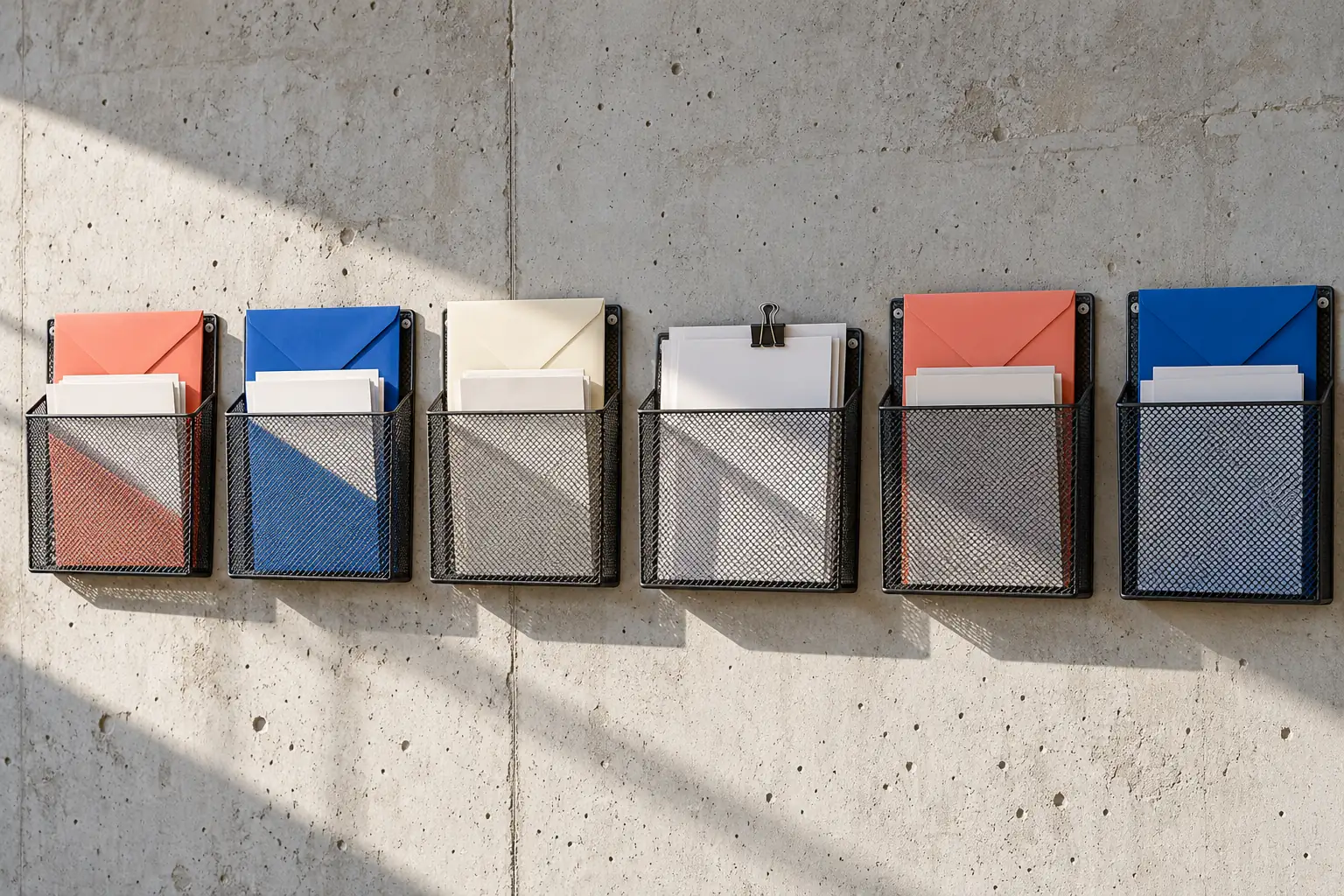 Illustration: Unprinted manuscript envelopes in wire-mesh pockets on a concrete workshop wall.