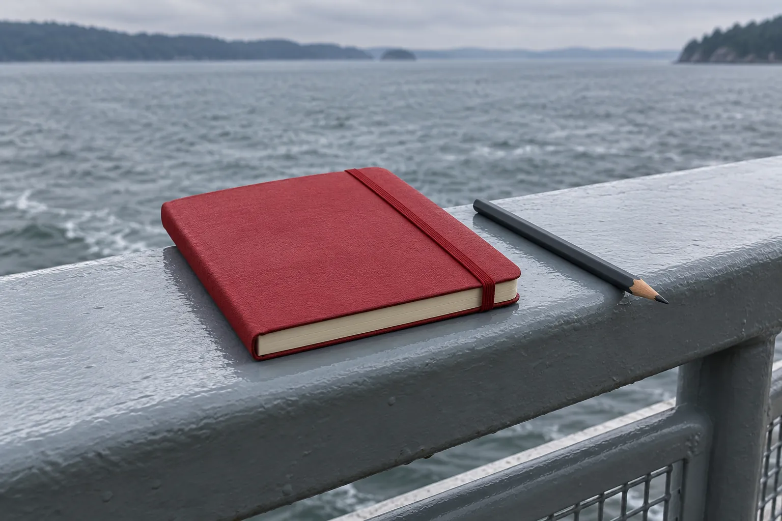 Illustration: A closed crimson notebook secured by an elastic band and a pencil rest on a wide sheltered ferry-terminal rail.