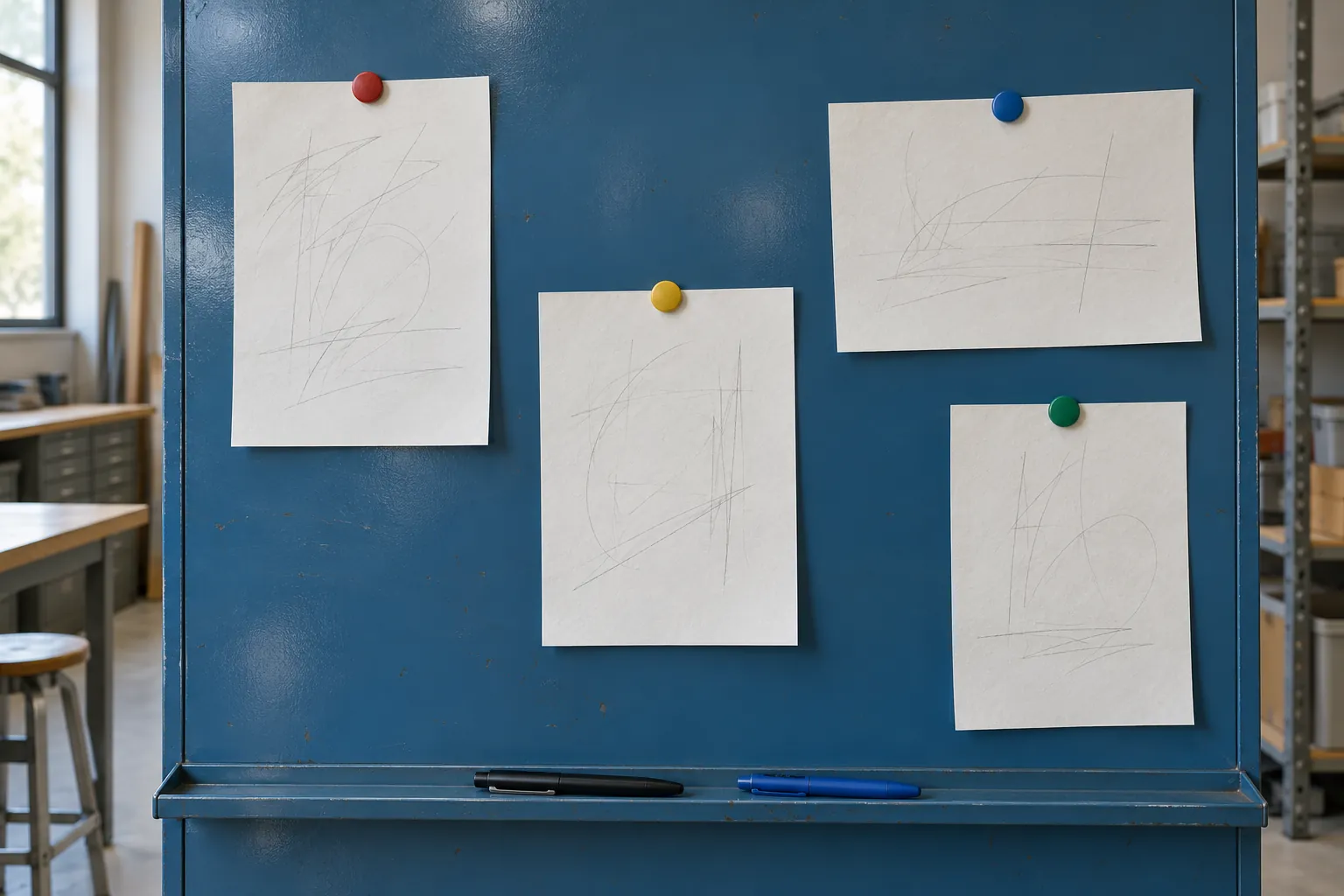 Illustration: Plain pages with only abstract unreadable pencil marks held by coloured magnets to a blue steel panel, two pens on a narrow lip.