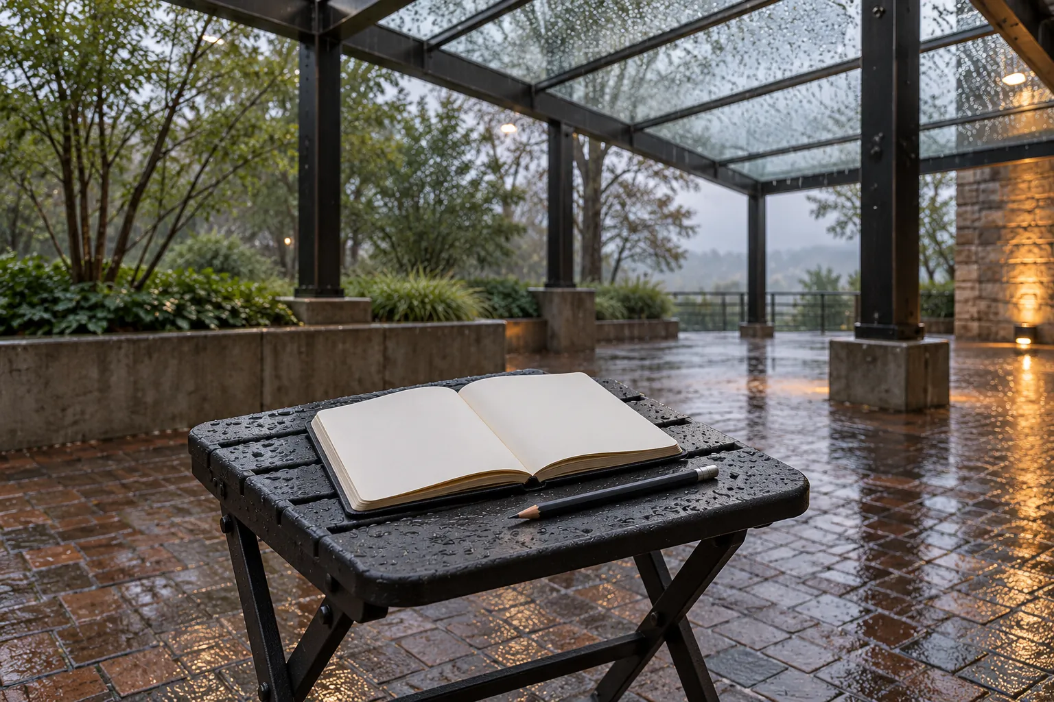 Illustration: An open blank pocket notebook and graphite pencil on a charcoal folding stool below a rain-speckled glass canopy.