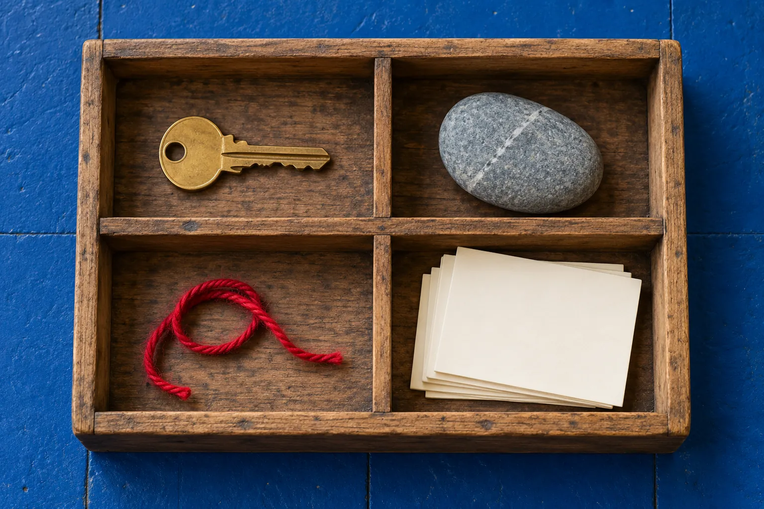 Illustration: A plain brass key, smooth stone, red thread and blank cards arranged in an open divided wooden crate on a cobalt floor for a storytelling exercise.