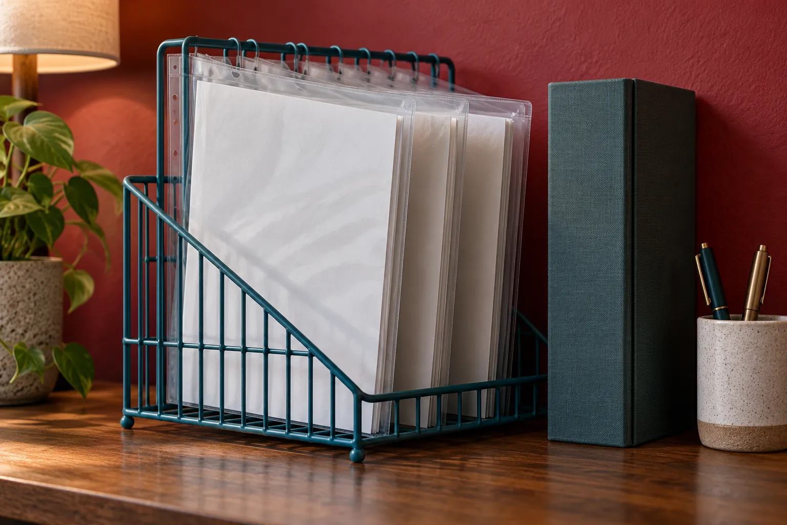 Illustration: Clear sleeves containing unreadable plain pages hang in a teal wire file rack beside an unmarked binder and pens.