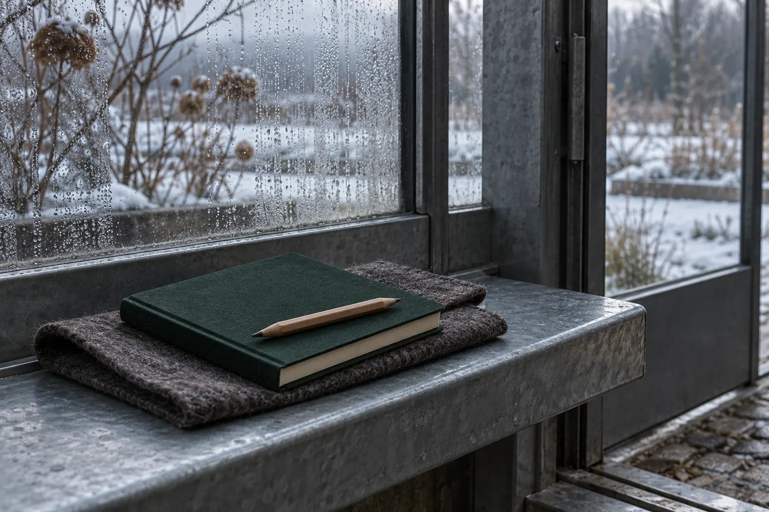 Illustration: A dark green notebook and short pencil in a wool pouch on a steel threshold bench, condensation and bare branches beyond the glass.
