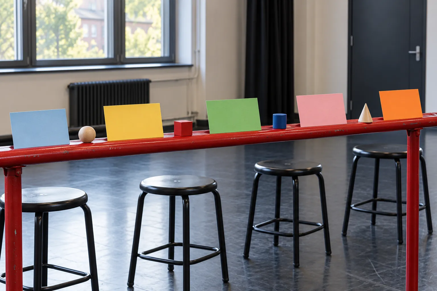 Illustration: Blank coloured index cards and simple object tokens spaced along a red metal rail in an empty rehearsal room, black stools behind.