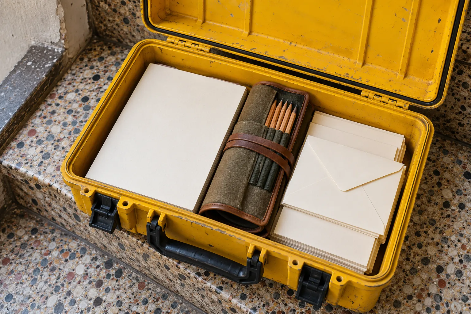 Illustration: A yellow hard case holds blank paper, a pencil roll and plain envelopes on a terrazzo landing.
