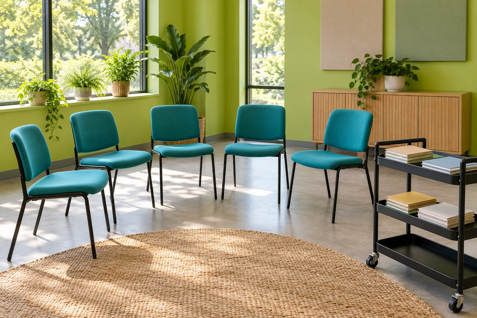Illustration: Empty turquoise chairs in a semicircle beside a black wheeled trolley of plain unlettered notebooks in a lime-walled room.