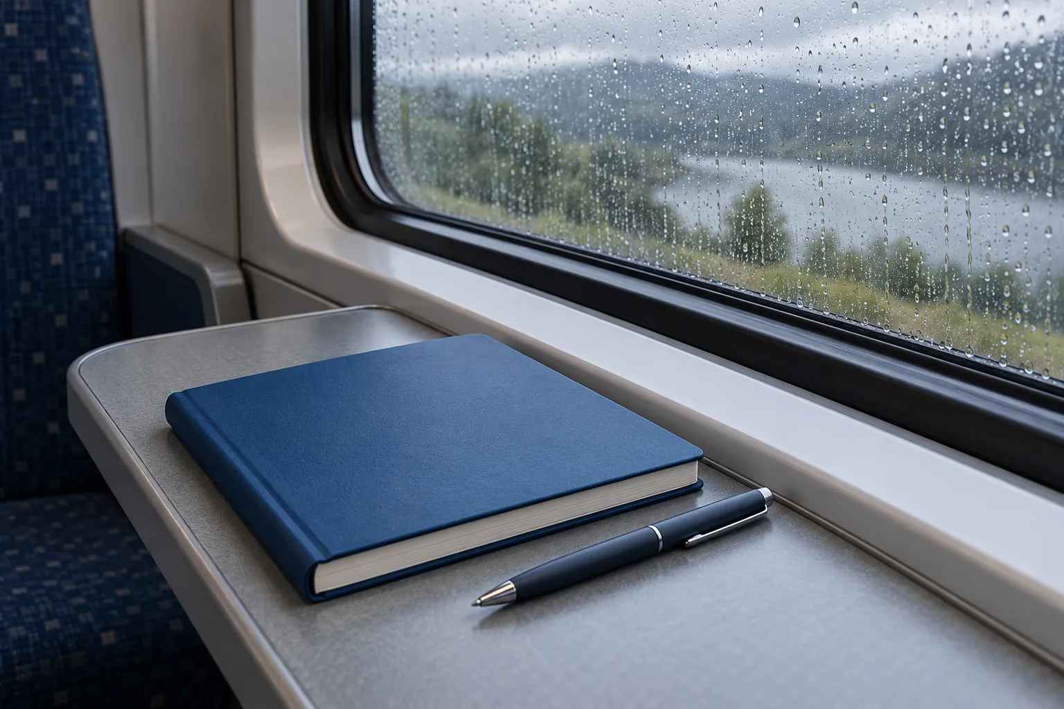 Illustration: A closed blue notebook and plain pen on a narrow grey fold-down ledge beside a rain-covered train window, no person or leg visible.