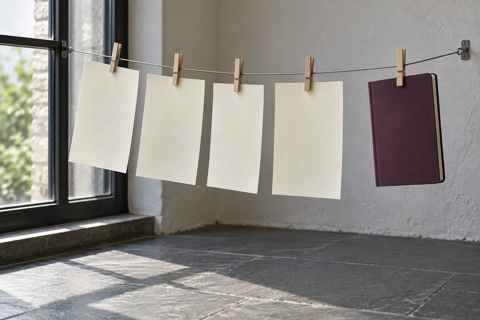 Illustration: Blank cream pages and closed plum notebook clipped to a short indoor wire line over a slate floor beside a tall window.