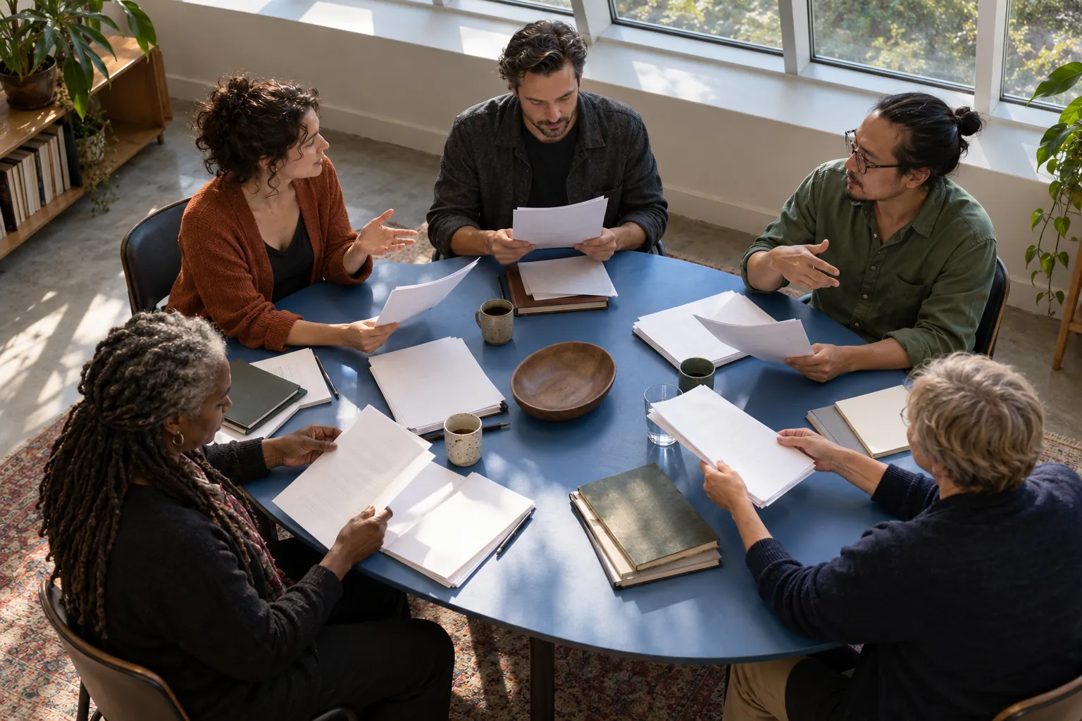 Illustration: Five adult writers exchange plain manuscript pages around an oval blue table below a skylight.