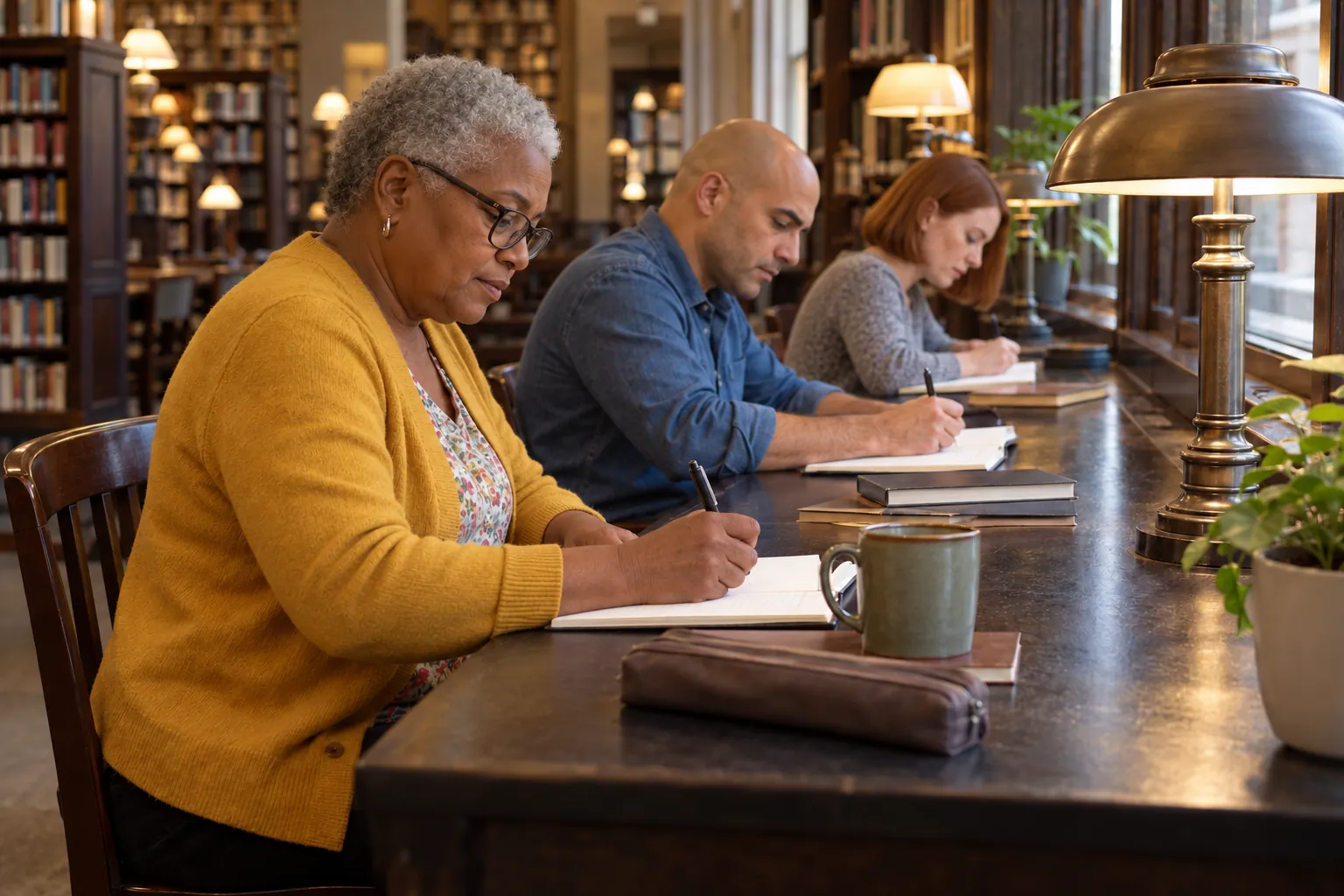 Illustration: Three adults write independently in notebooks along a long dark library counter, separated by comfortable gaps.