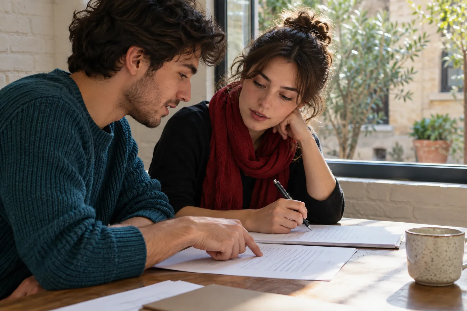 Illustration: Two young adults compare a draft beside a courtyard window, one pointing while the other listens with pen in hand.