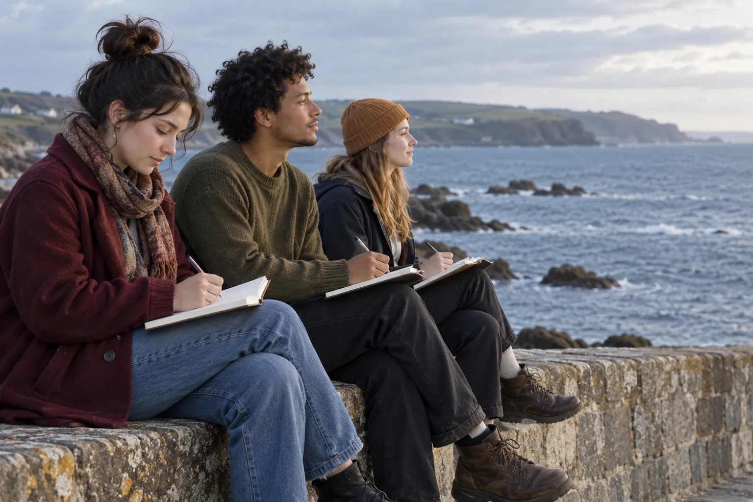Illustration: Three young adults write in notebooks on a sea wall beside the water.