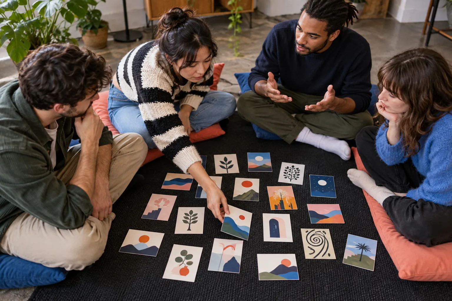 Illustration: Young adults build a story together with abstract picture cards.