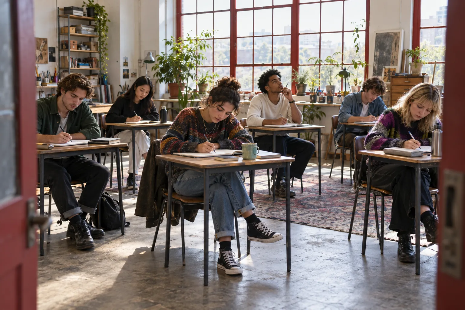 Illustration: Young adults write at separate desks in a converted workshop.