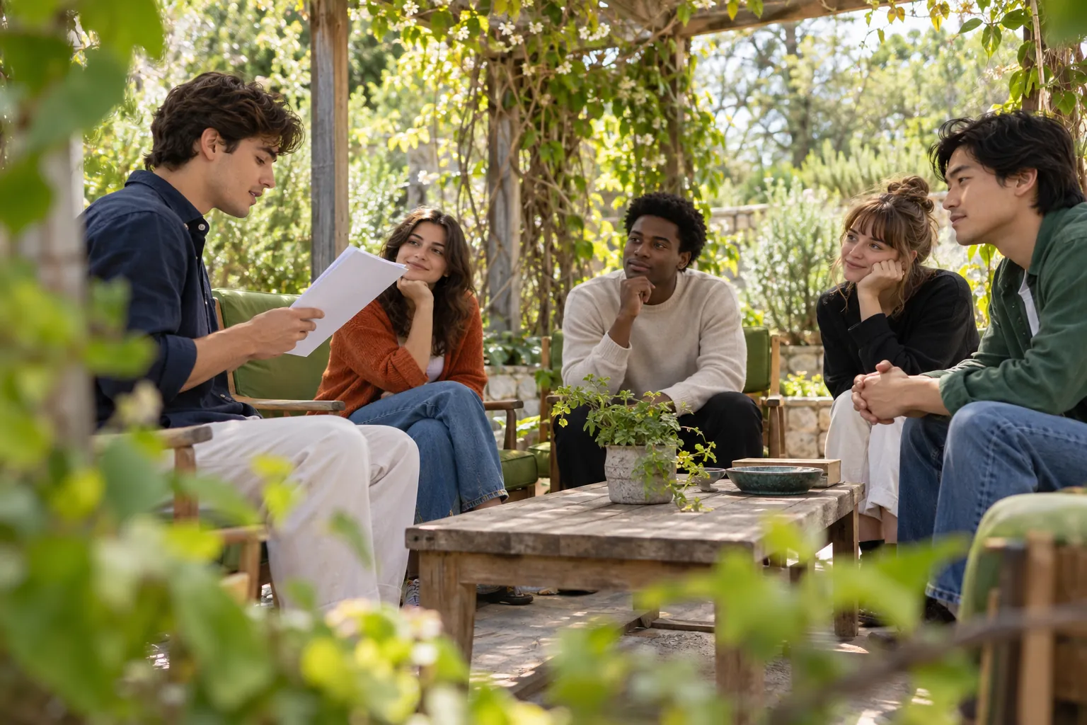 Illustration: Young adults listen as a peer reads a draft in a garden.