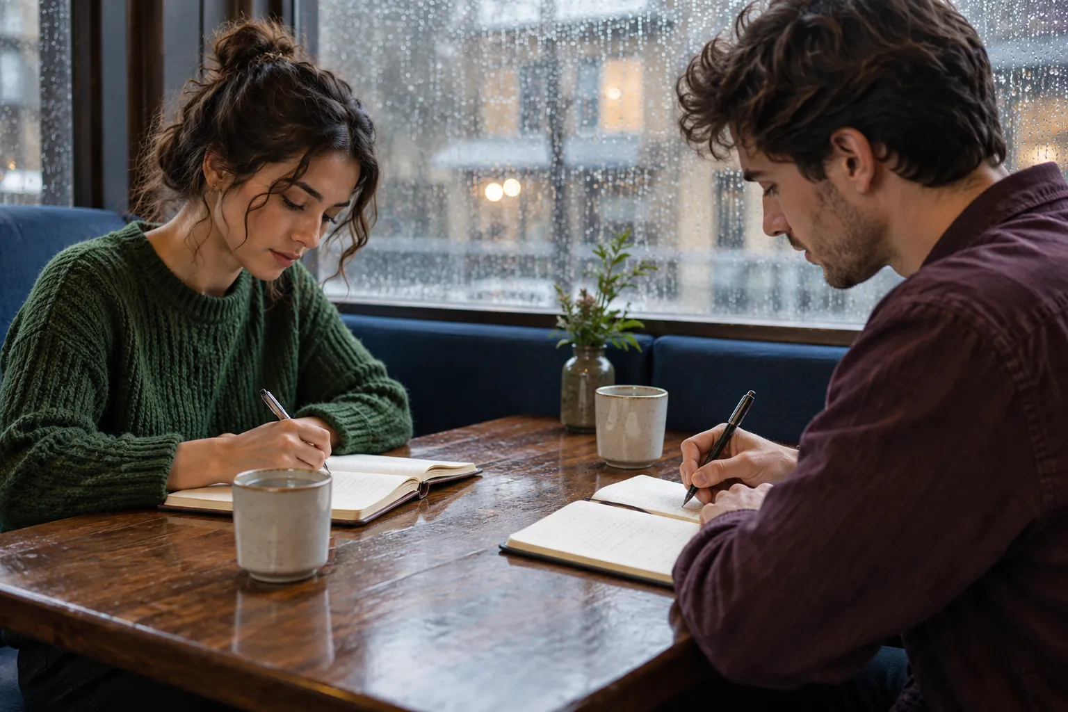 Illustration: Young adults write quietly together beside a rainy window.