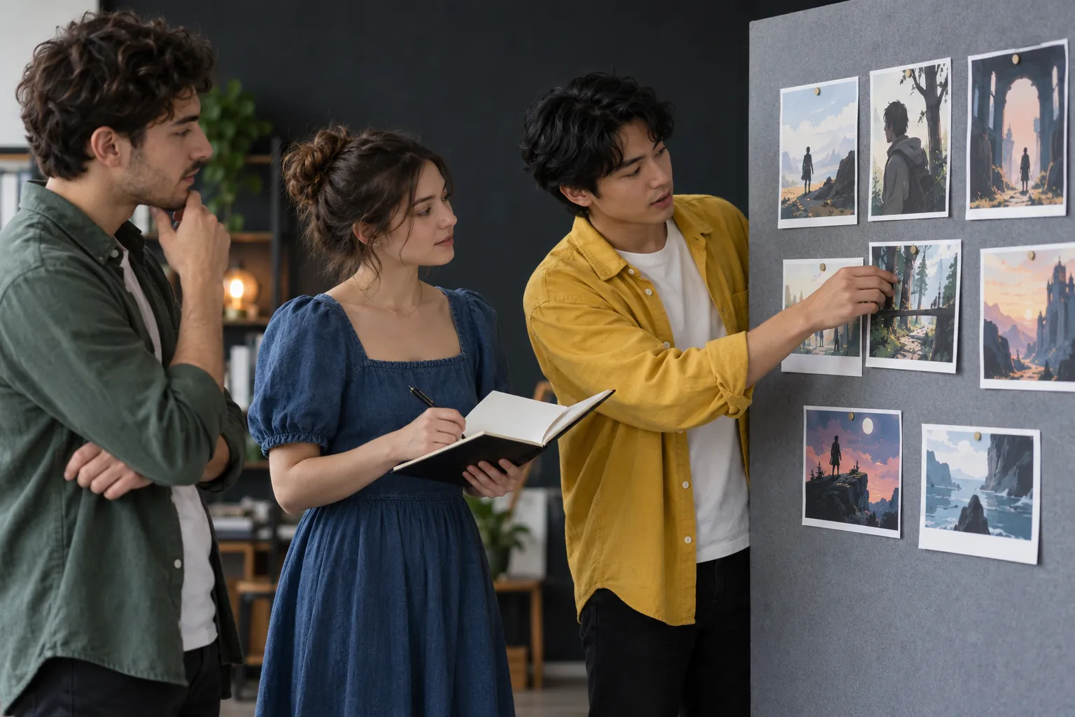 Illustration: Three young adults reviewing story-image cards on a pinboard.