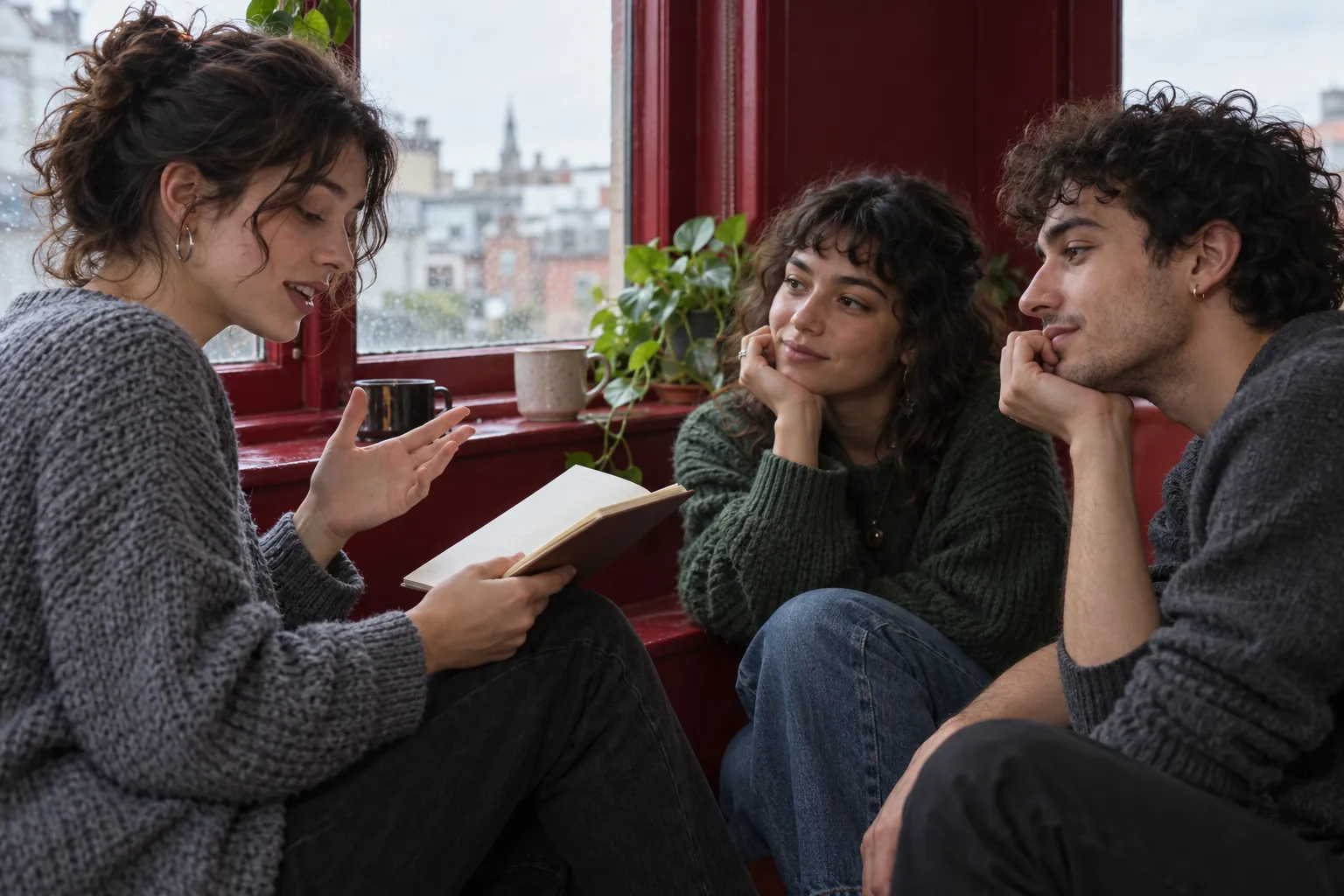 Illustration: A young adult poet shares a poem with friends beside a window.