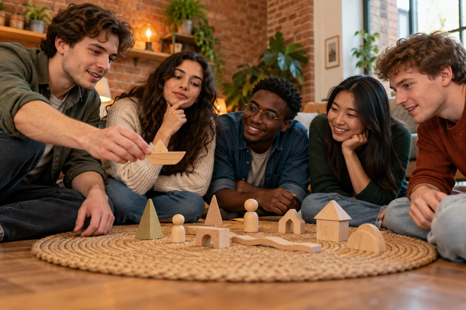 Illustration: Five young adults making a story with wooden shapes.