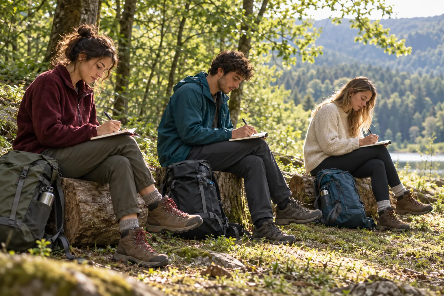 Illustration: Young adults writing in notebooks after a woodland walk.
