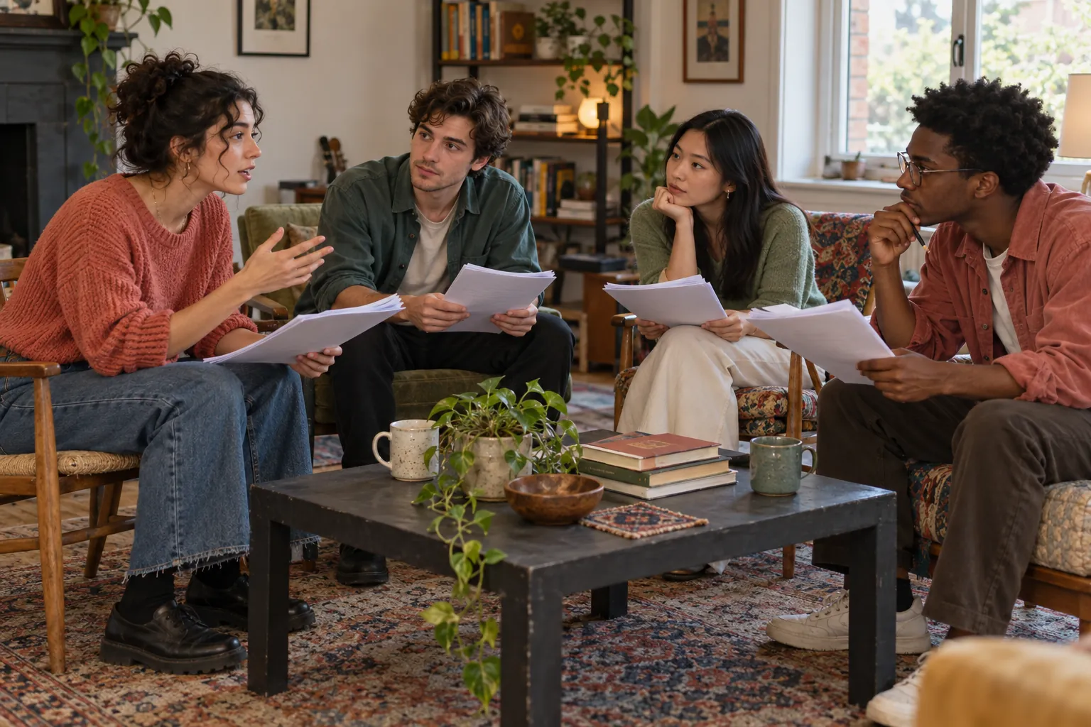 Illustration: Four young adults discussing manuscript copies around a coffee table.