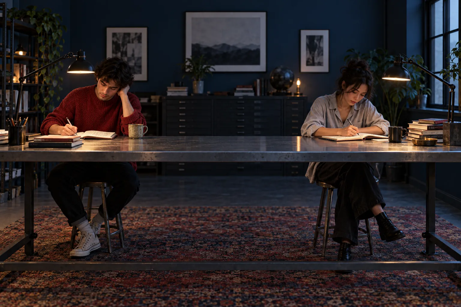 Illustration: Two young adults writing beneath task lamps at a workbench.