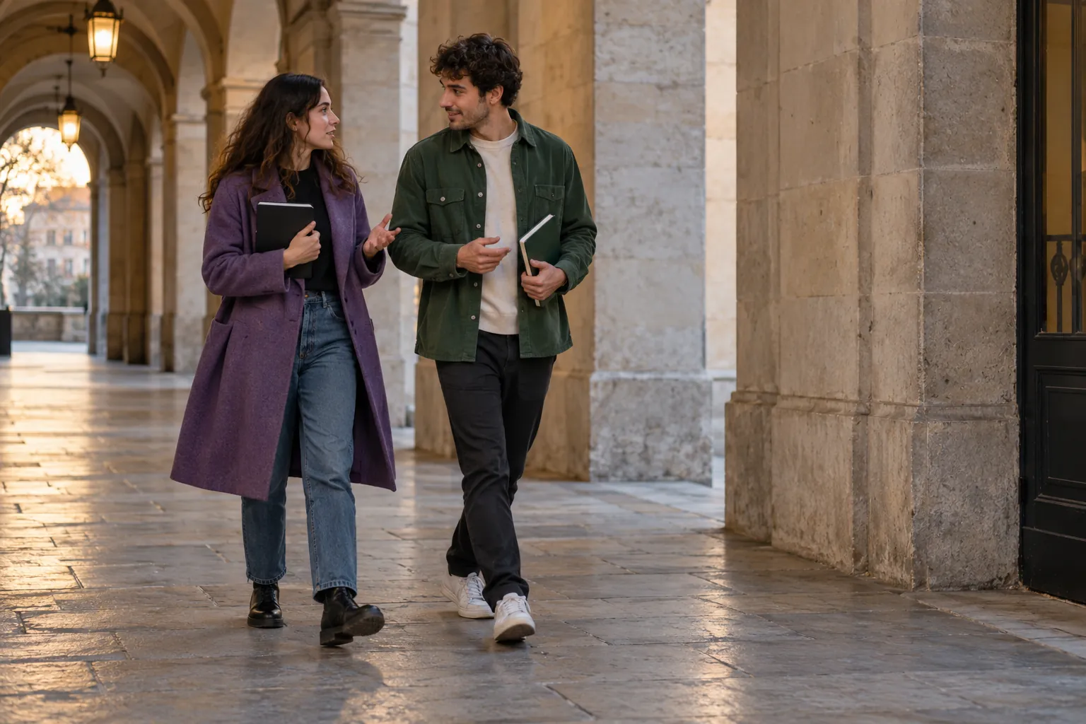 Illustration: Two young adults discuss a writing draft while walking through an arcade.