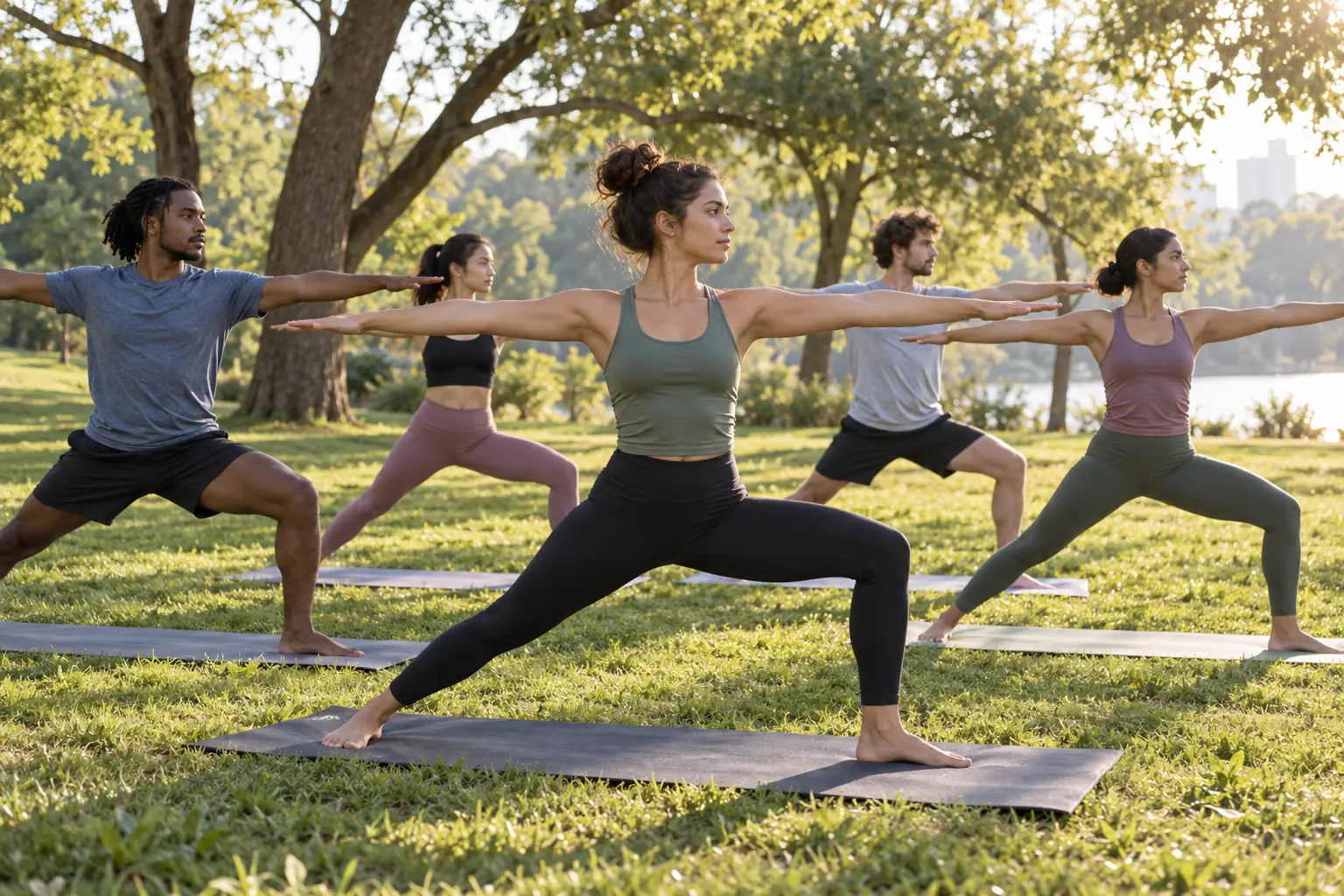 Illustration: Young adults practice warrior two pose on mats during a small outdoor yoga class.