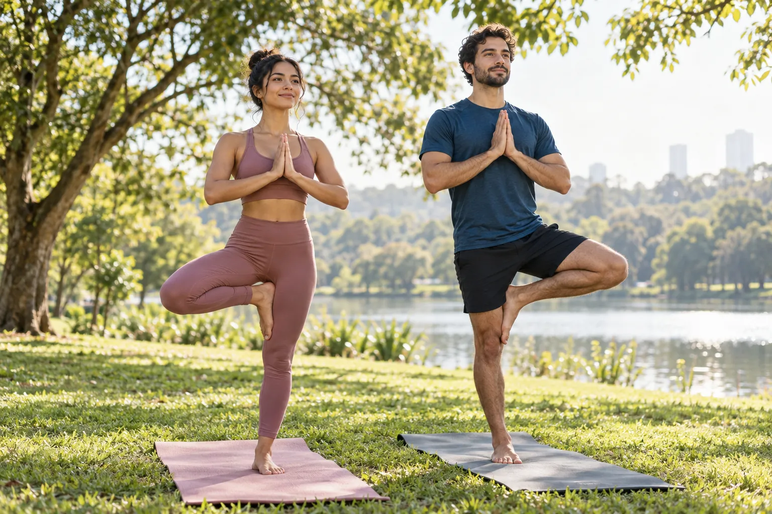 Illustration: A young adult woman and man balance in tree pose on separate yoga mats in a park.