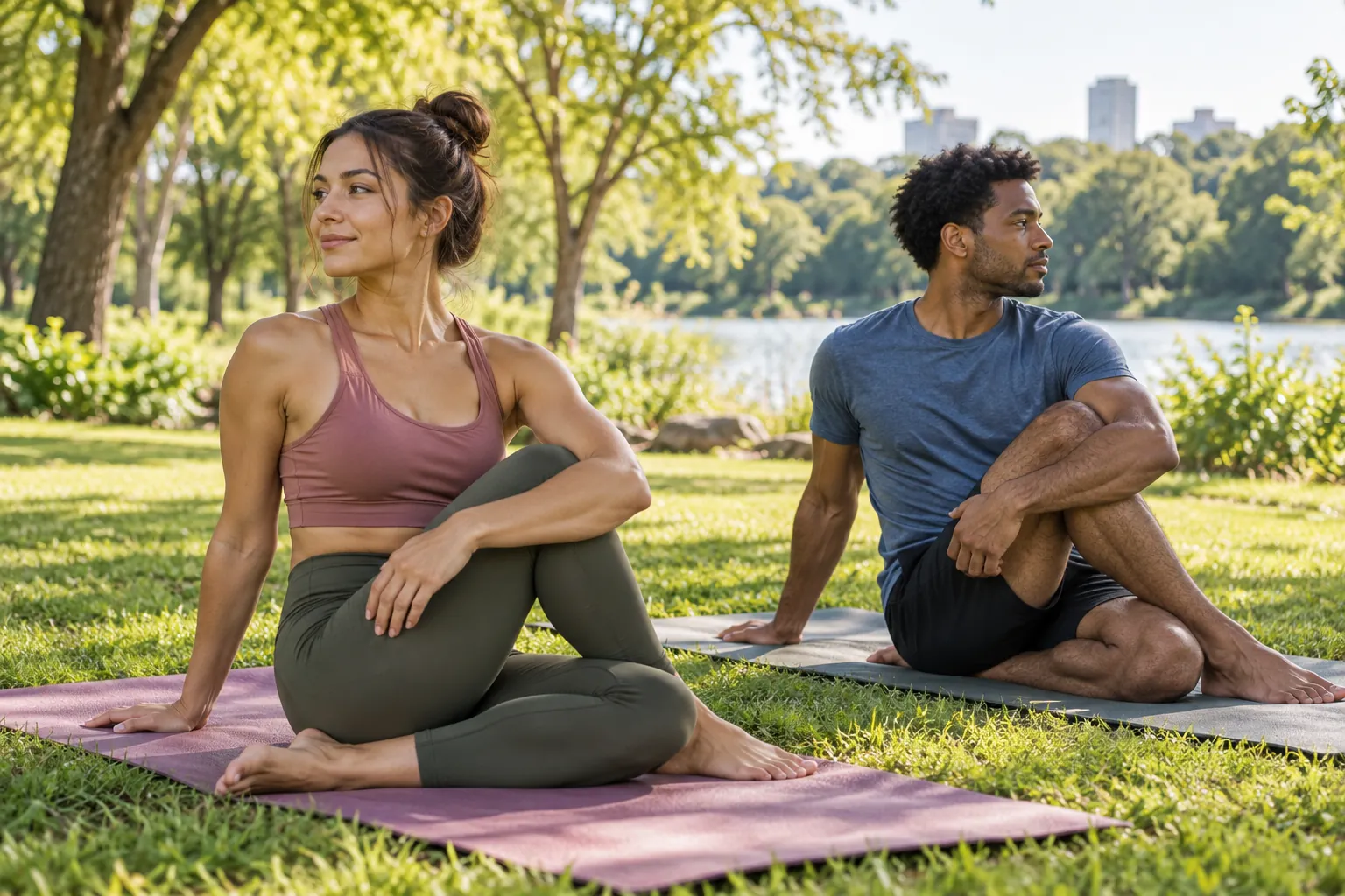 Illustration: Two young adults practice a seated spinal twist on separate mats in a sunny park.