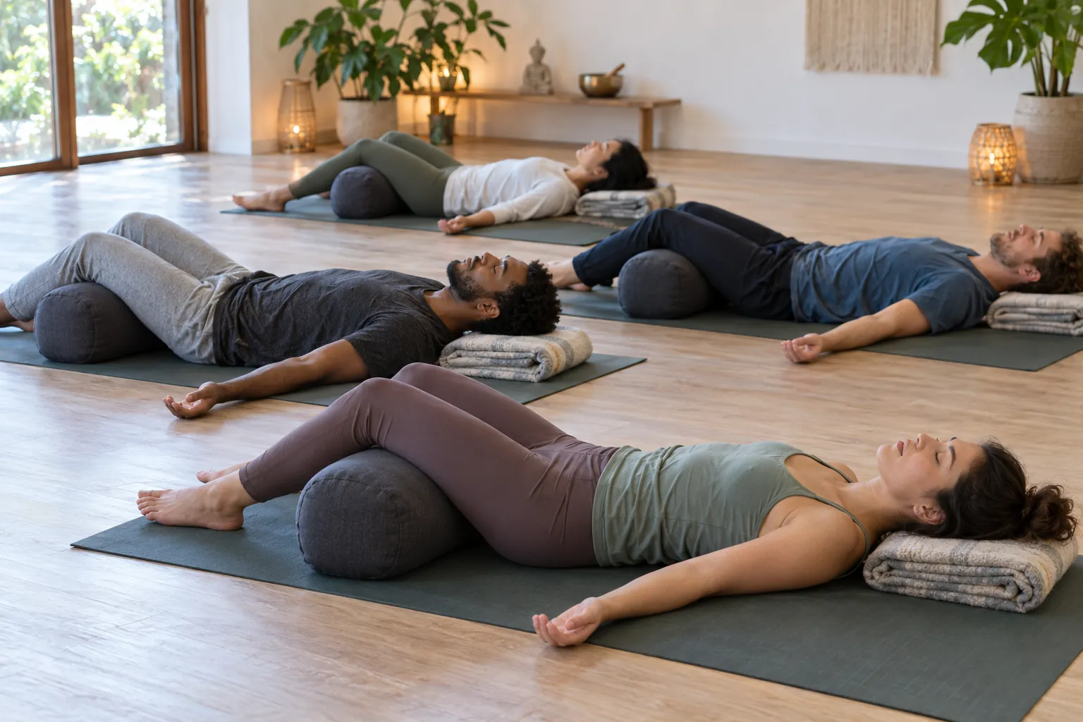 Illustration: Young adults rest in a restorative yoga class with knees supported by bolsters.