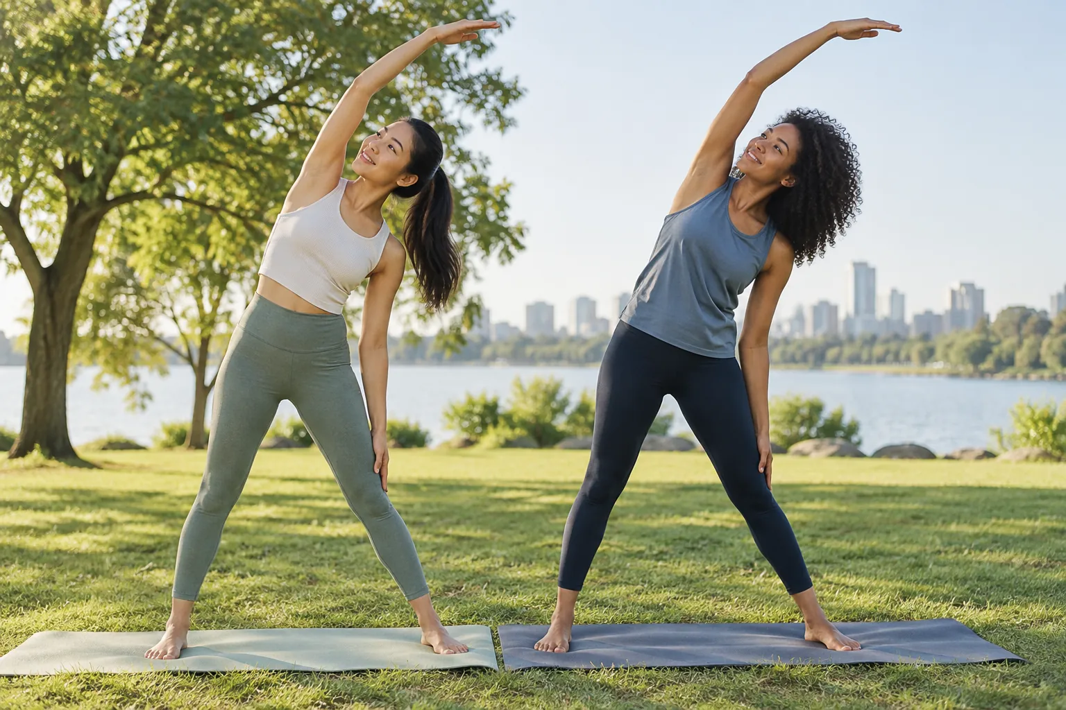 Illustration: Two young adult friends practice a gentle standing side stretch on mats in a sunny park.
