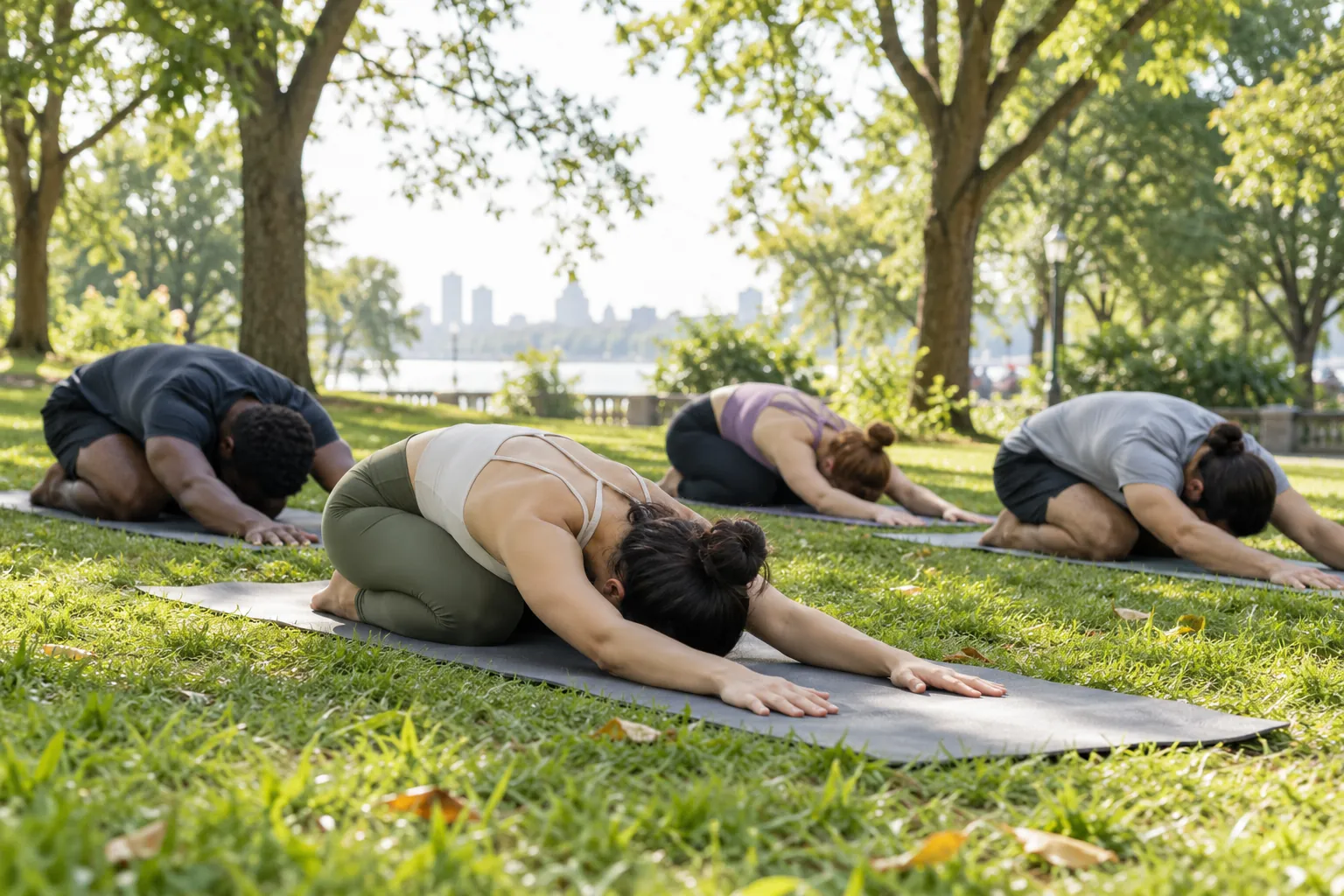 Illustration: Young adults rest in a kneeling forward yoga pose on mats in a leafy park.