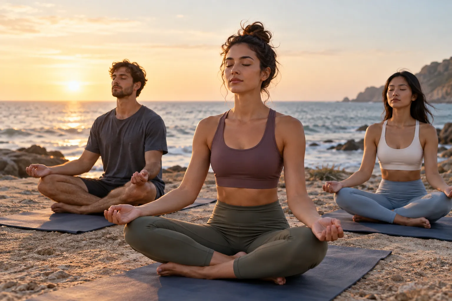 Illustration: Young adults sit cross-legged on yoga mats beside the ocean at sunset.