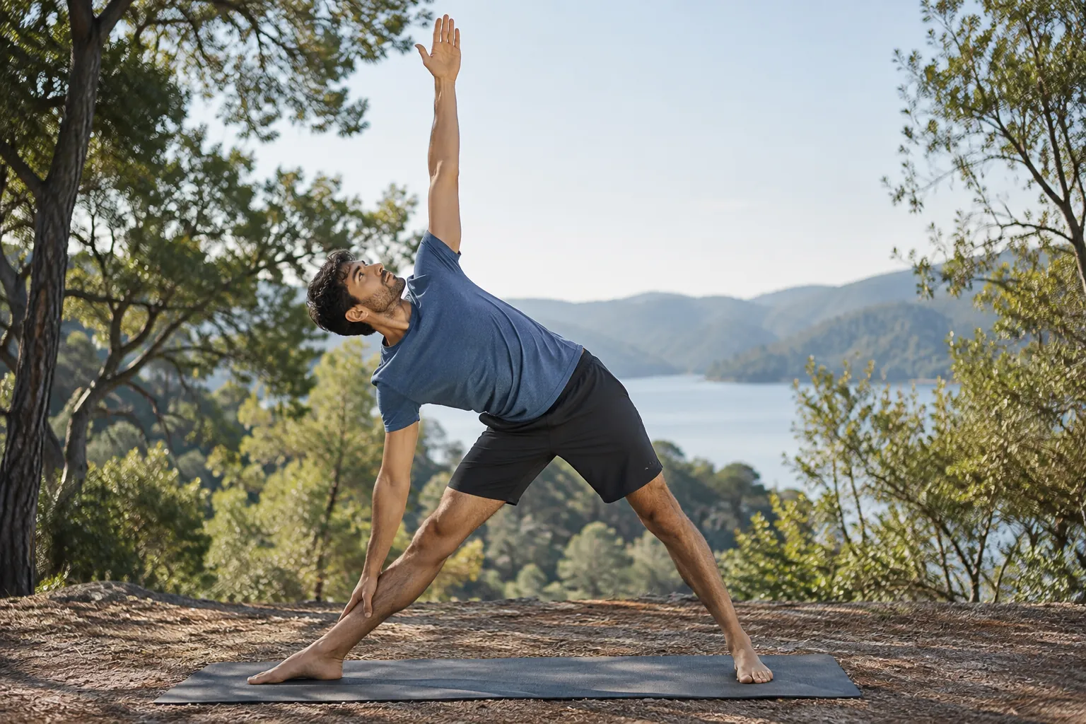 Illustration: A young adult man practices extended triangle pose on a mat in a quiet park.