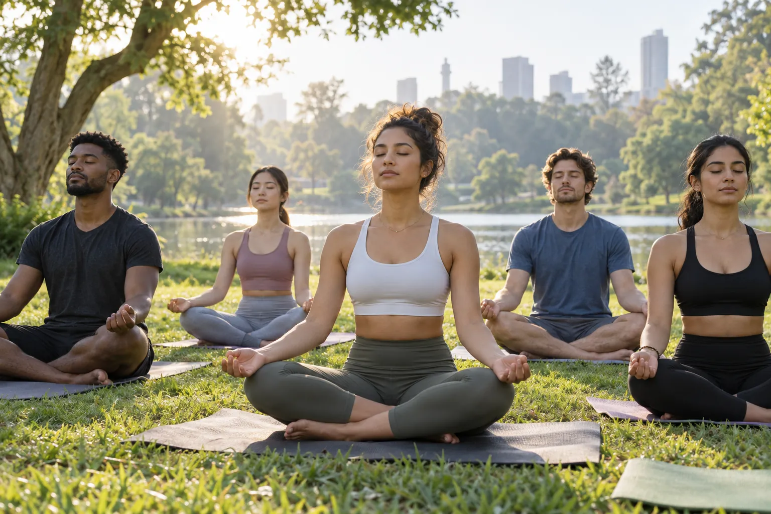 Illustration: Young adults sit cross-legged on mats for a breathing meditation in a park.