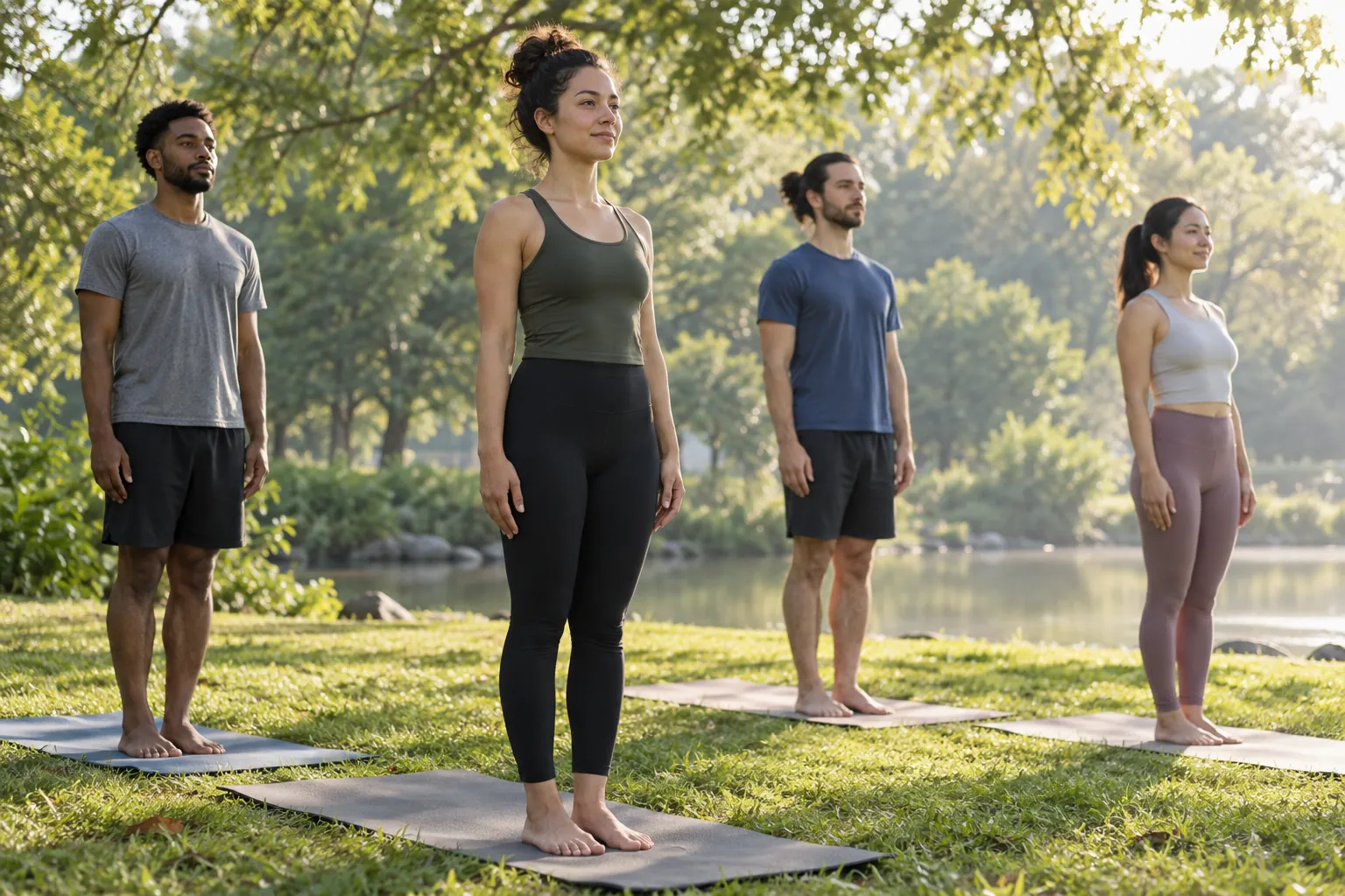 Illustration: Young adults practice mountain pose on yoga mats during an outdoor yoga class.