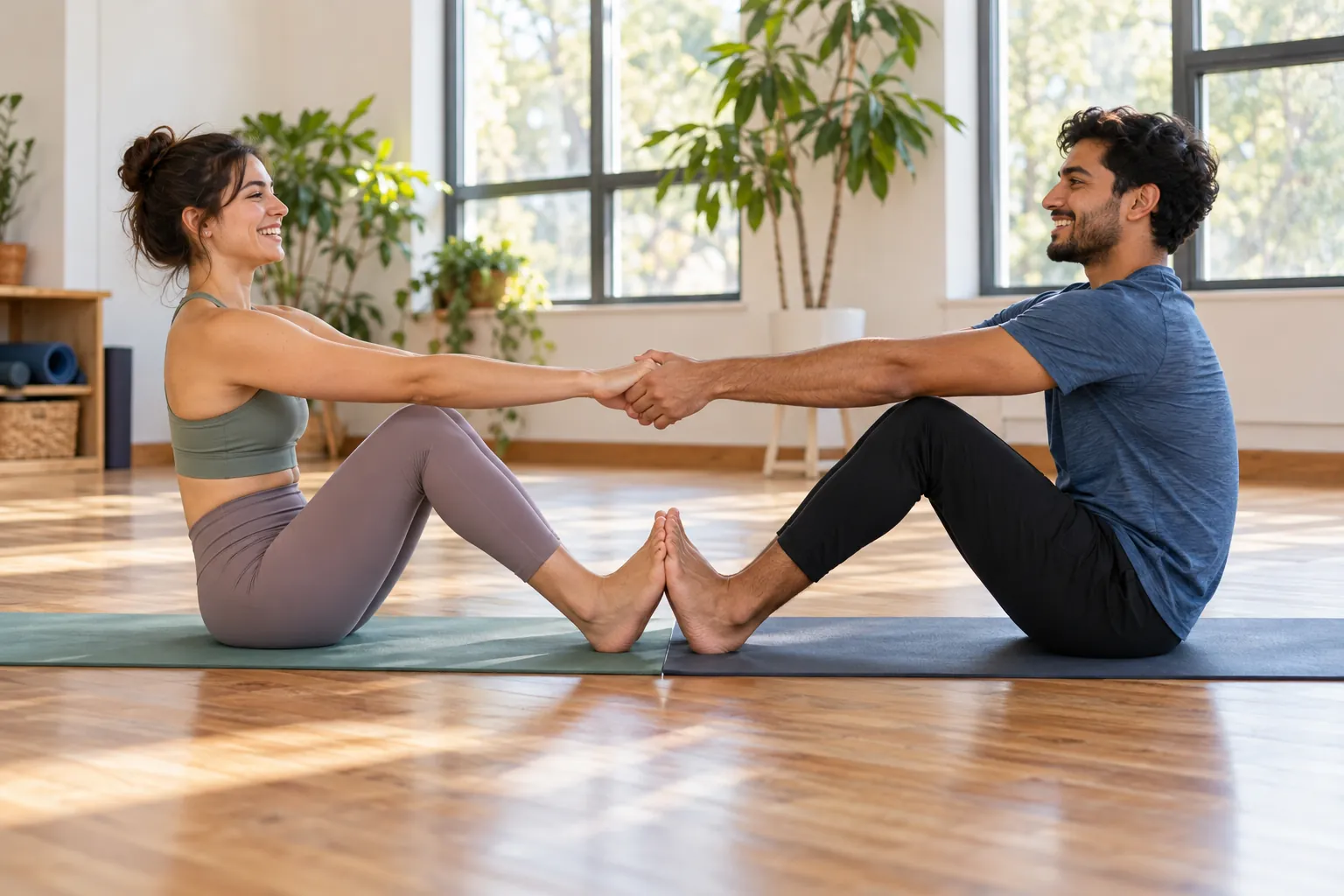 Illustration: Young adults take part in simple partner yoga pose with careful balance.