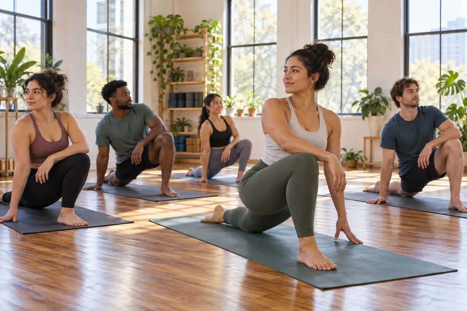 Young adults take part in mat yoga class led by an instructor in a bright studio.