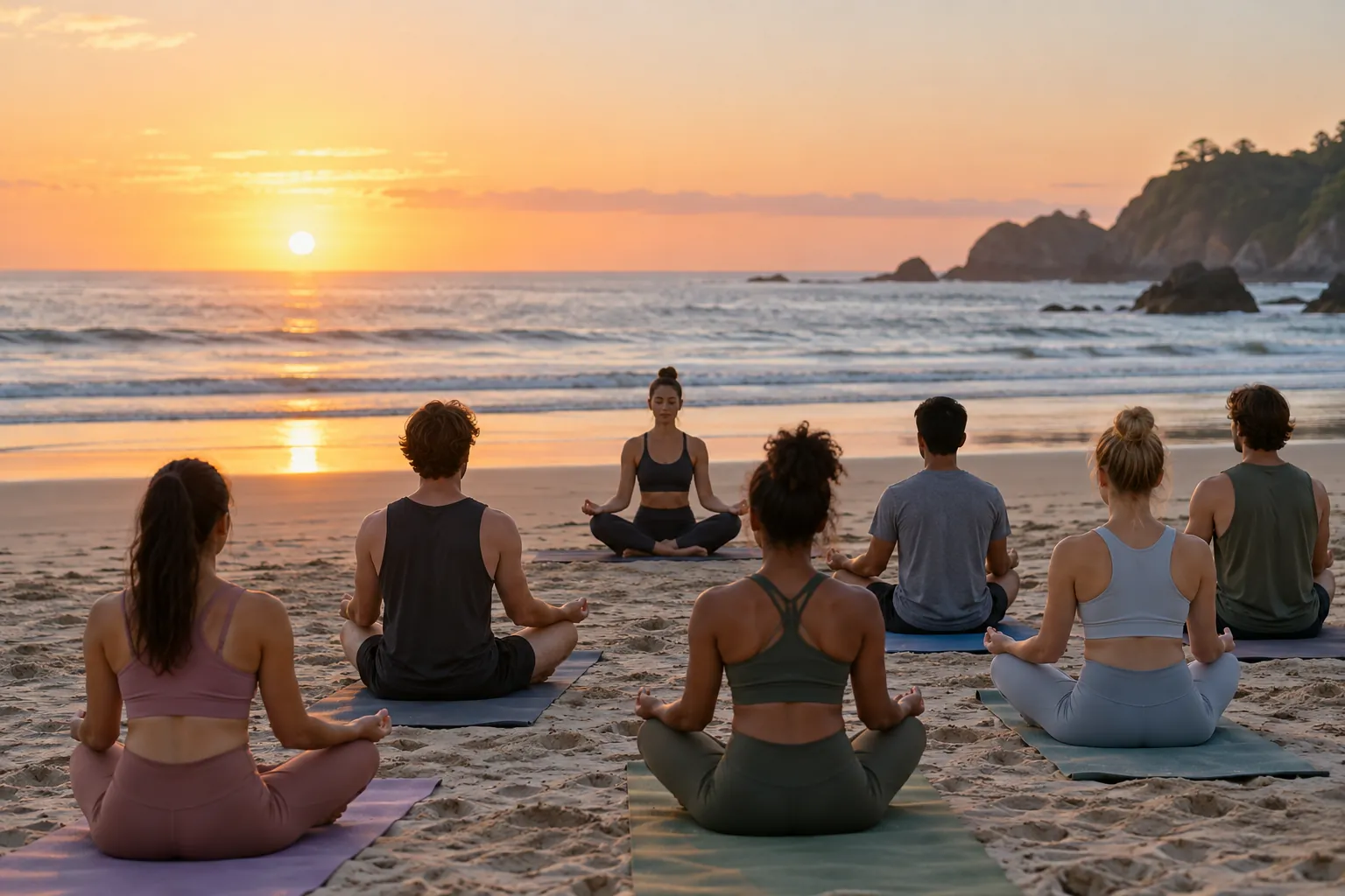 Illustration: Young adults take part in sunrise beach yoga on individual mats.