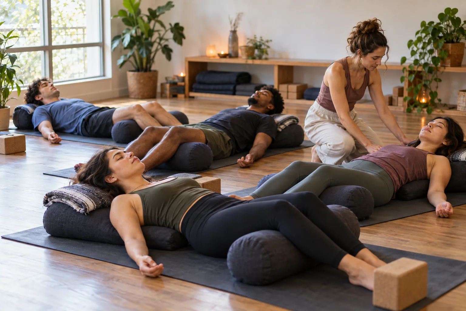 Illustration: Young adults take part in restorative yoga class using bolsters.