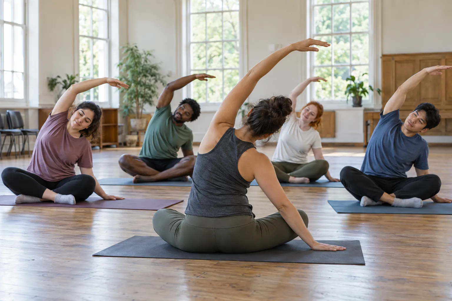 Illustration: Young adults take part in beginner mat yoga in a community hall.