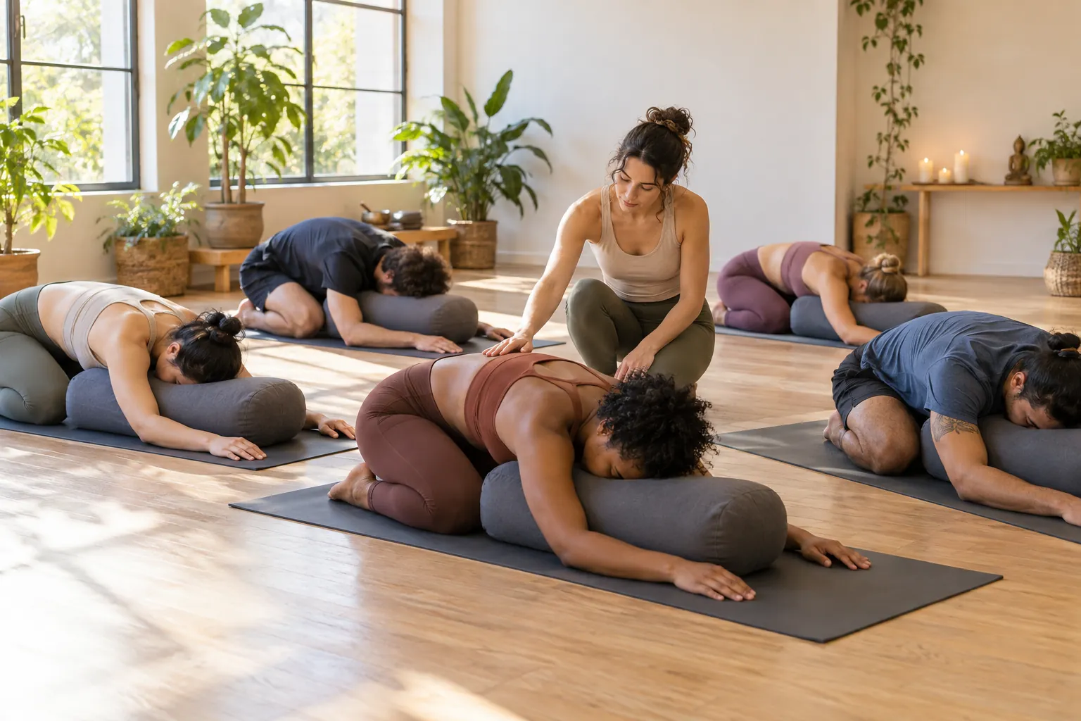 Illustration: Equipment for restorative yoga class using bolsters, arranged in an activity setting without people.